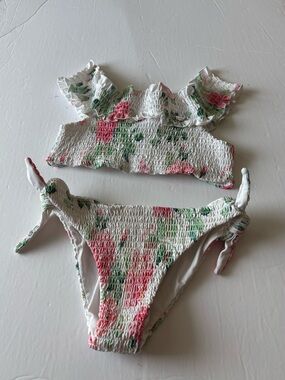 MonnaLisa White Floral Ruffled Bikini Set with Pink and Green Accents